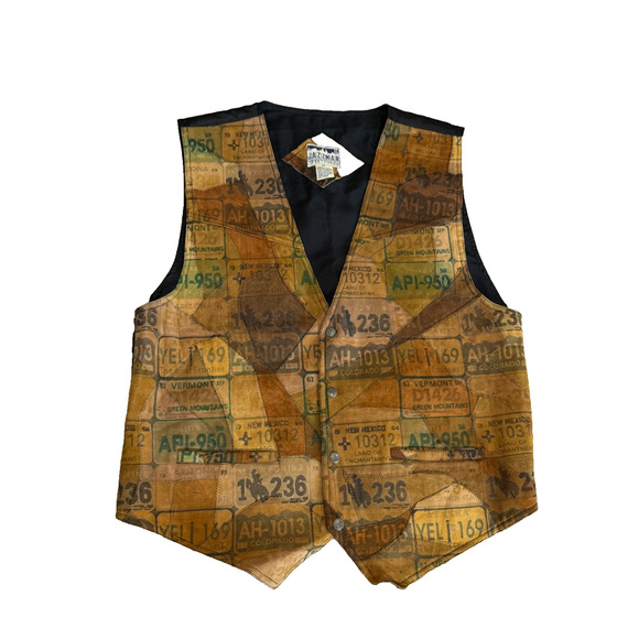 Leather Patchwork USA State License Plates Vtg Vest XL Jazzman Oklahoma Snaps - Picture 1 of 7